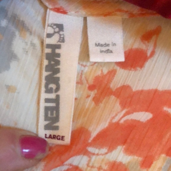 Hang Ten large orange & white semi sheer floral 3 button bell sleeve - Picture 7 of 13